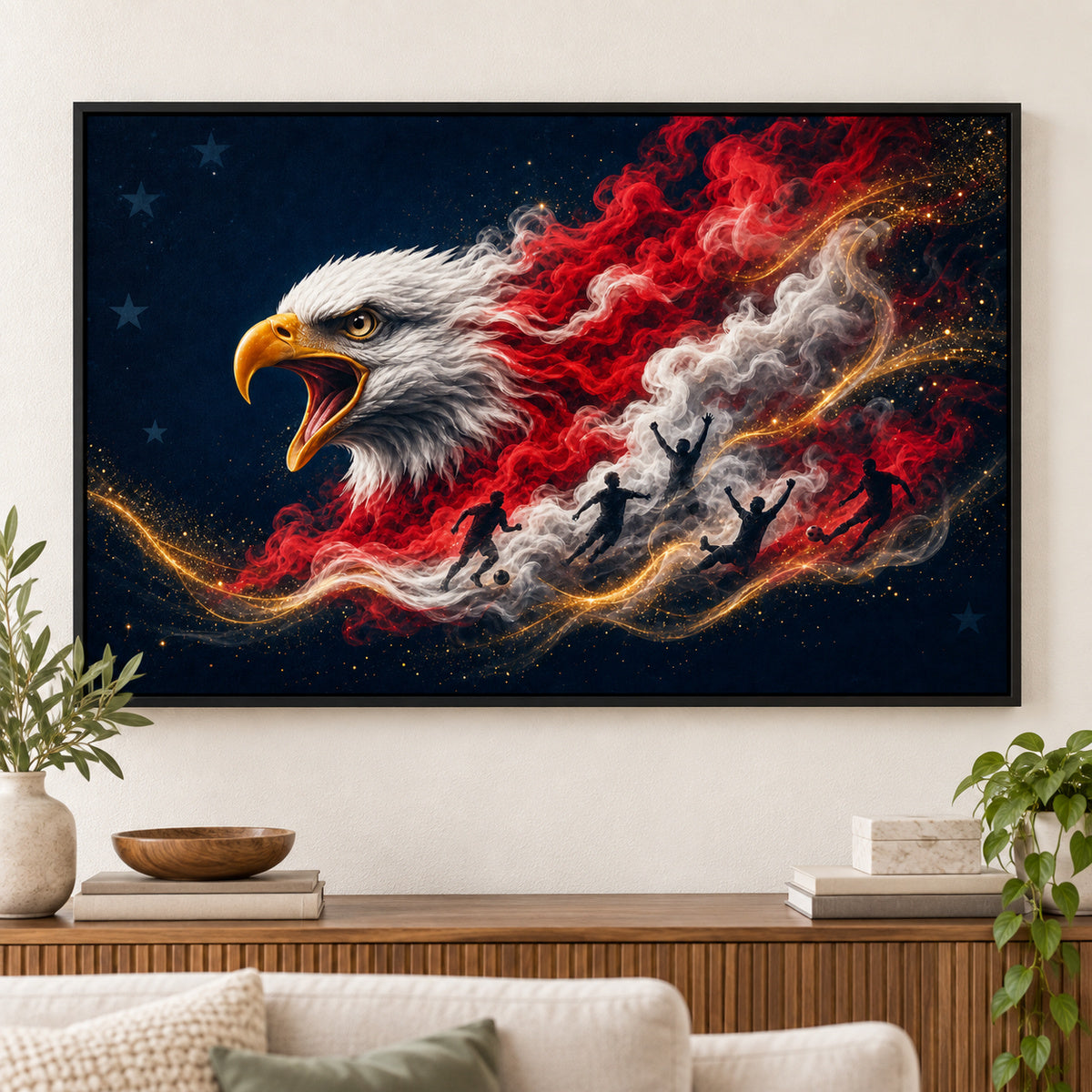 USA Eagle Smoke Soccer Canvas Painting for Game Room Decor | black_independent_close