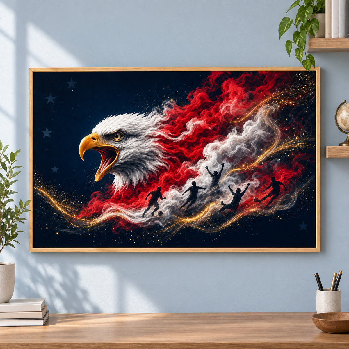 USA Eagle Smoke Soccer Canvas Painting for Game Room Decor | brown_independent_close