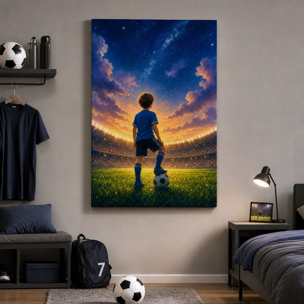 Dream Big Soccer Boy Canvas Wall Art 24×36 inch wrapped canvas wall mockup