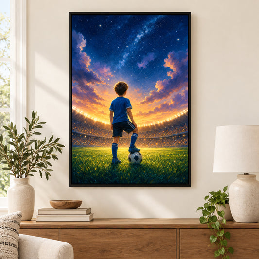 Dream Big Soccer Boy Canvas Painting for Game Room Decor | black_independent_close