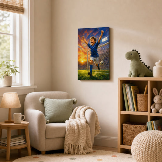 Soccer Goal Celebration Canvas Wall Art 12×18 inch thin wrapped canvas wall mockup