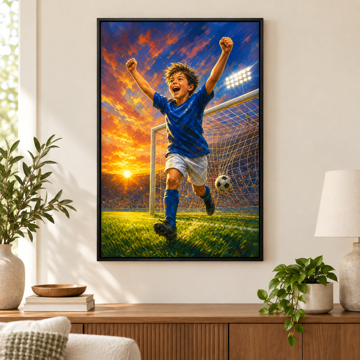 Soccer Goal Celebration Canvas Painting for Game Room Decor | black_independent_close