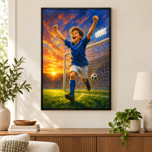 Soccer Goal Celebration Canvas Painting for Game Room Decor | black_independent_close