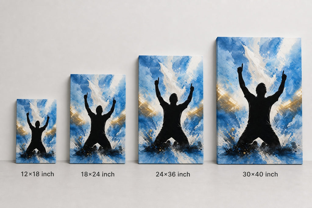 Sky Blue Celebration Silhouette Soccer Canvas Wall Art canvas size comparison