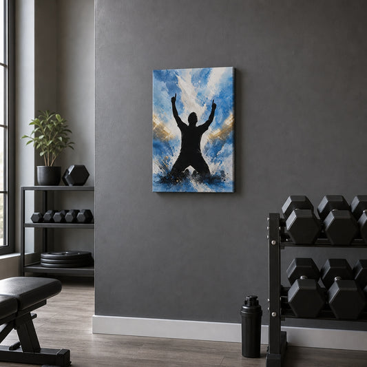 Sky Blue Celebration Silhouette Soccer Canvas Wall Art 12×18 inch thin wrapped canvas wall mockup