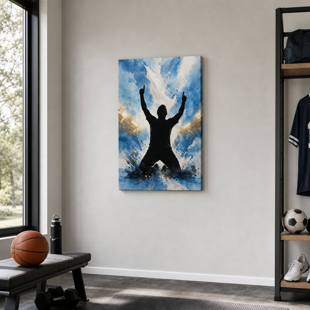 Sky Blue Celebration Silhouette Soccer Canvas Wall Art 18×24 inch wrapped canvas wall mockup