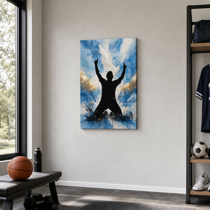 Sky Blue Celebration Silhouette Soccer Canvas Wall Art 18×24 inch wrapped canvas wall mockup