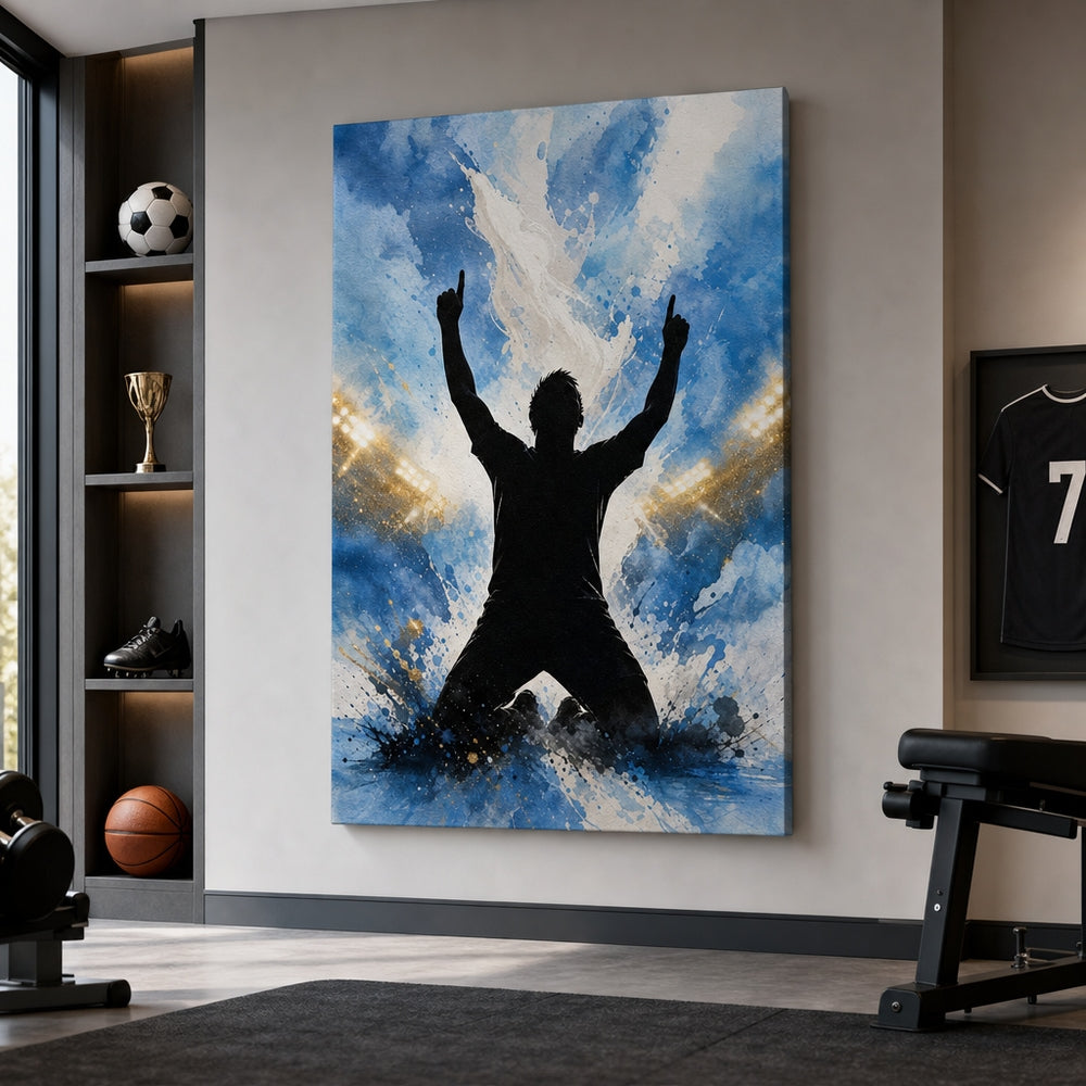 Sky Blue Celebration Silhouette Soccer Canvas Wall Art 24×36 inch wrapped canvas wall mockup