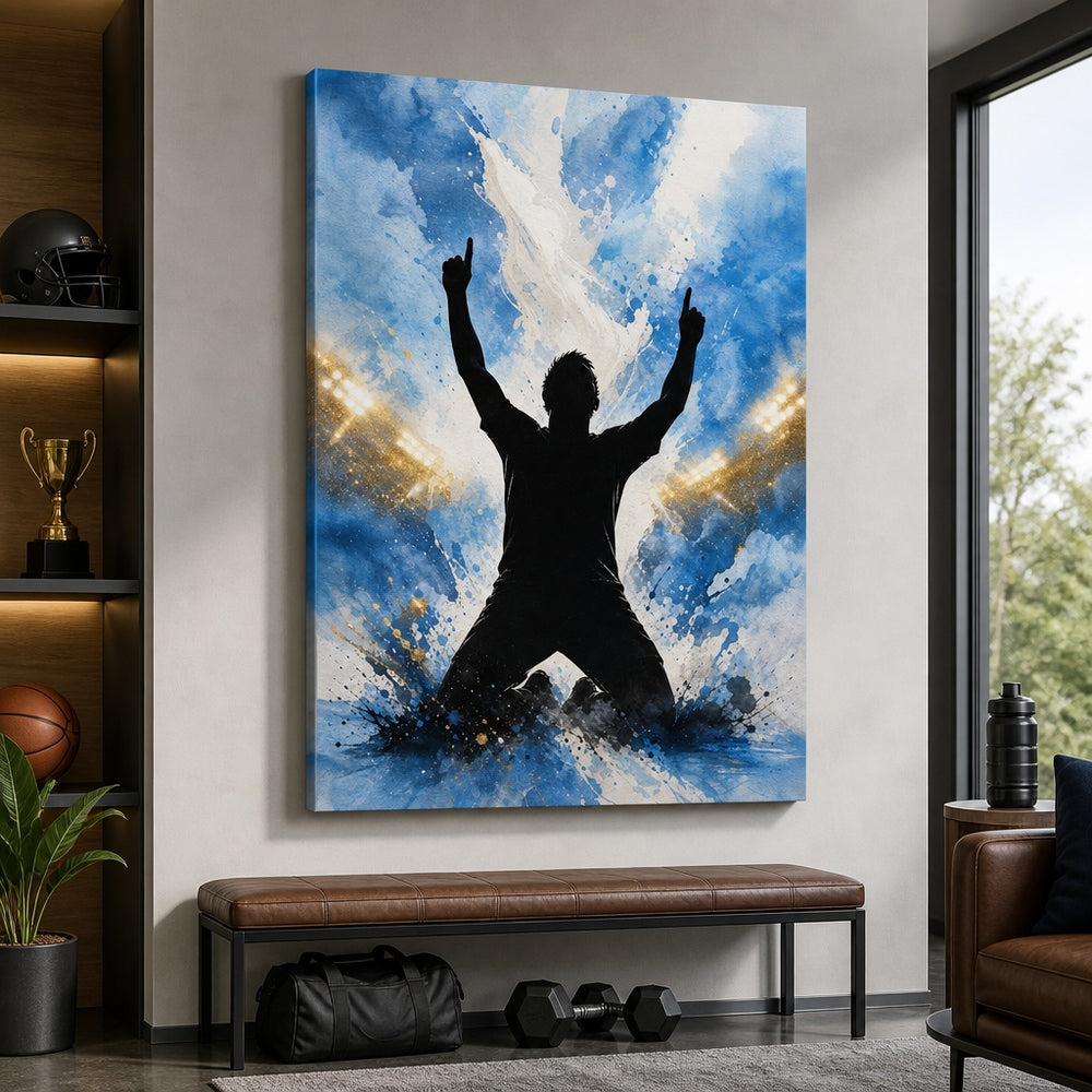 Sky Blue Celebration Silhouette Soccer Canvas Wall Art 30×40 inch wrapped canvas wall mockup
