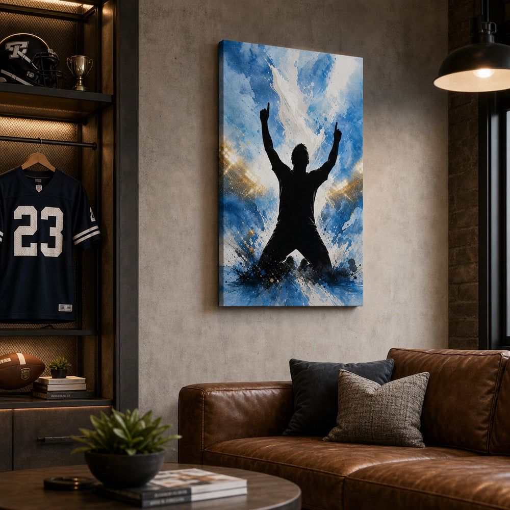 Sky Blue Celebration Silhouette Soccer Canvas Wall Art wall scene mockup