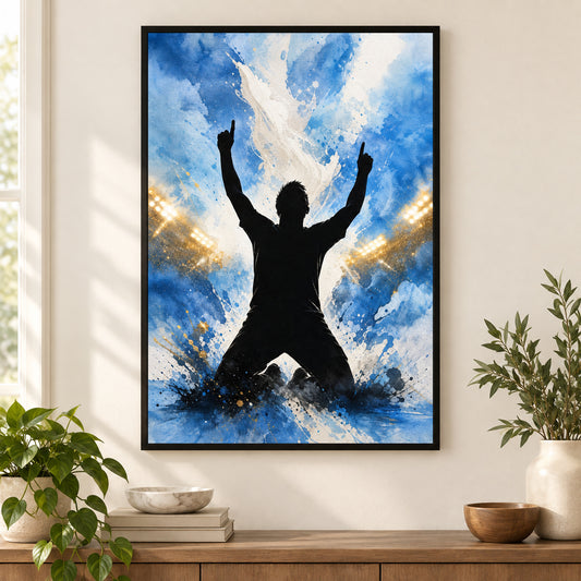 Sky Blue Celebration Silhouette Soccer Canvas Wall Art | black_independent_close