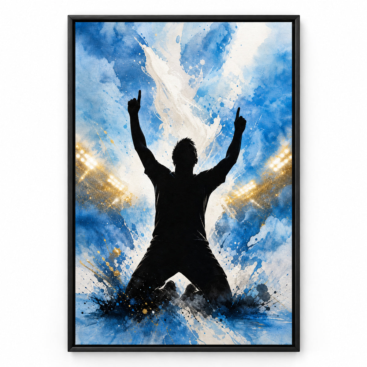 Sky Blue Celebration Silhouette Soccer Canvas Wall Art | black_sku