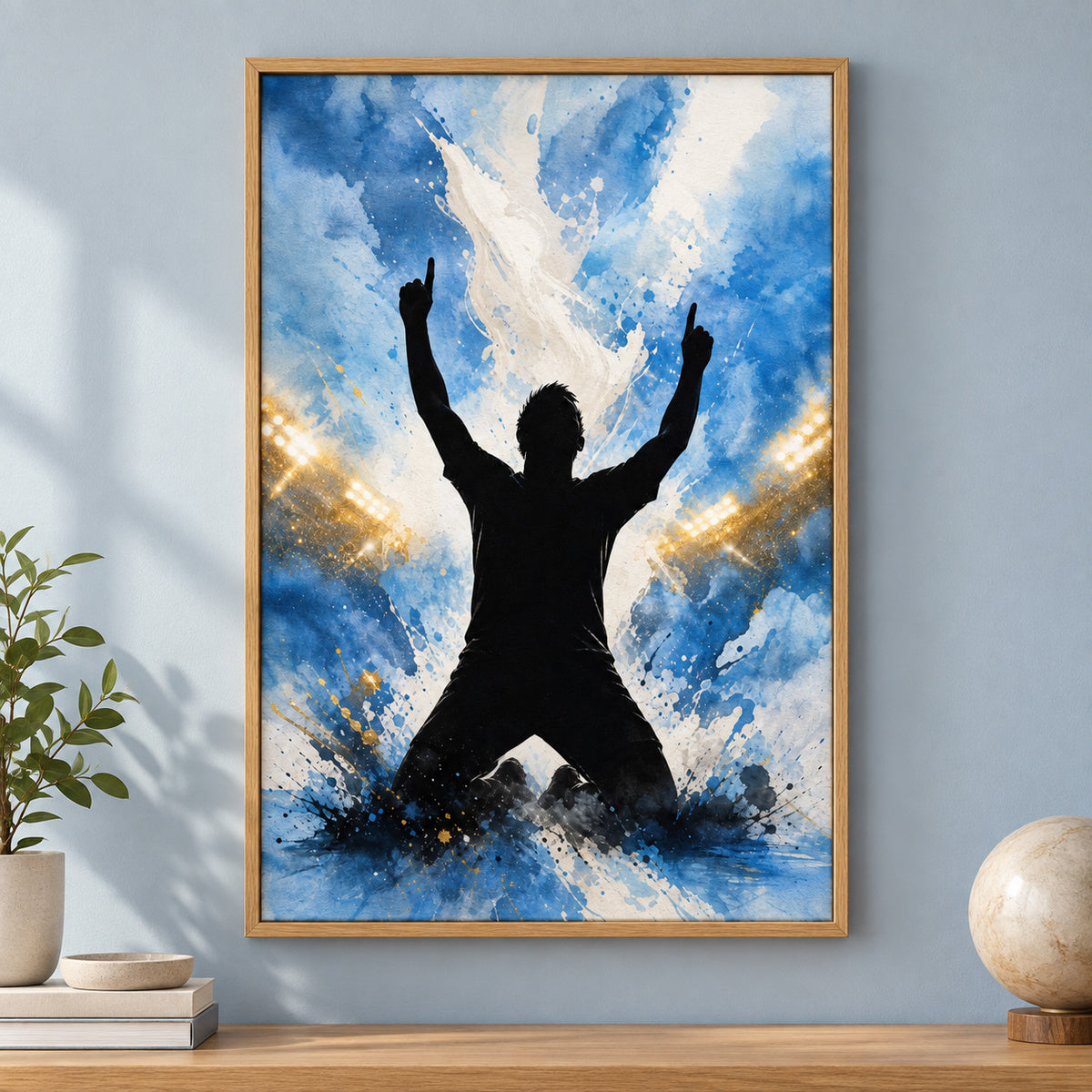 Sky Blue Celebration Silhouette Soccer Canvas Wall Art | brown_independent_close