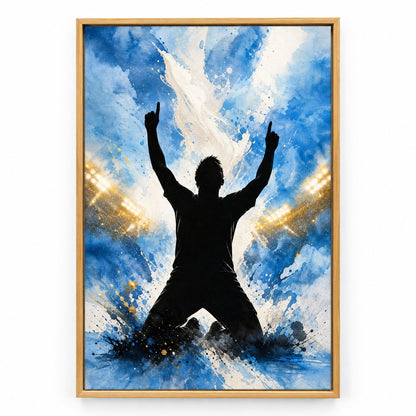 Sky Blue Celebration Silhouette Soccer Canvas Wall Art | brown_sku