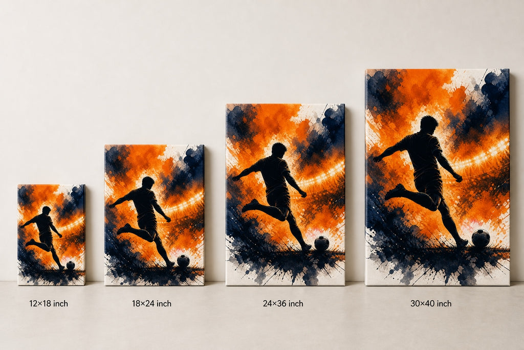 Orange Free Kick Silhouette Soccer Canvas Wall Art canvas size comparison