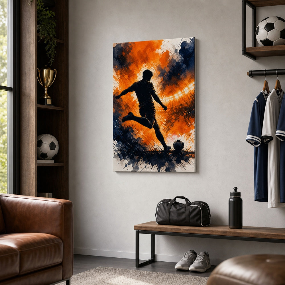 Orange Free Kick Silhouette Soccer Canvas Wall Art 12×18 inch thin wrapped canvas wall mockup