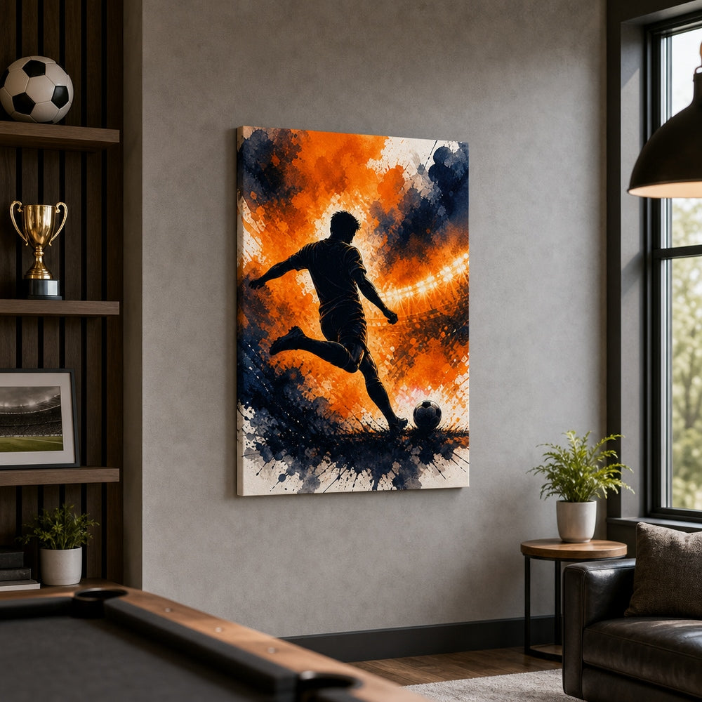 Orange Free Kick Silhouette Soccer Canvas Wall Art 18×24 inch wrapped canvas wall mockup