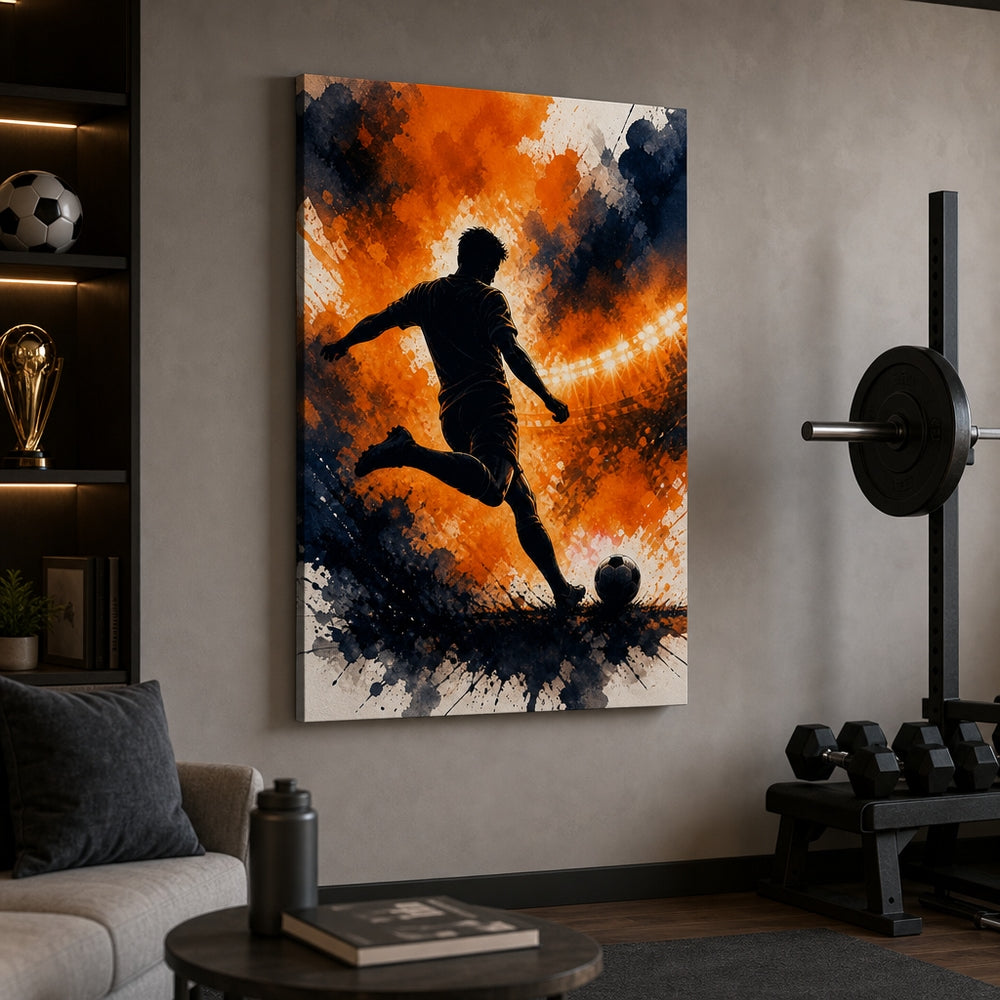 Orange Free Kick Silhouette Soccer Canvas Wall Art 24×36 inch wrapped canvas wall mockup