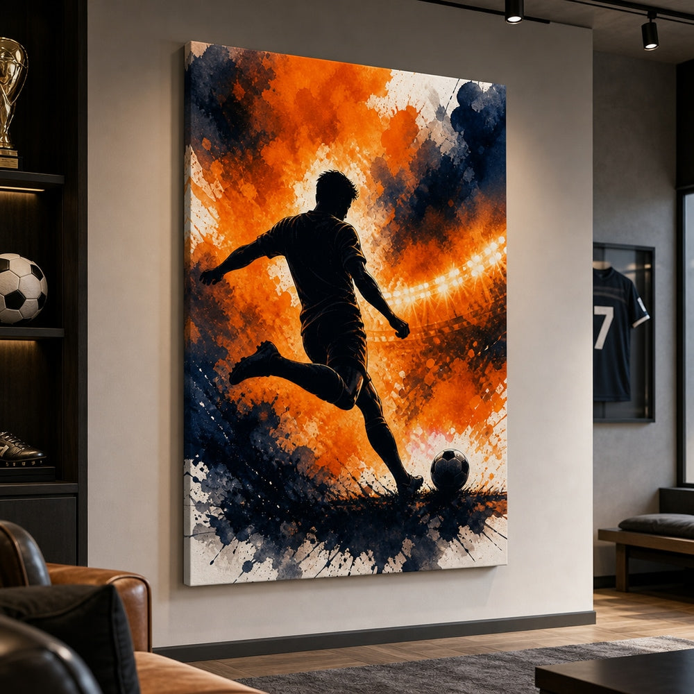 Orange Free Kick Silhouette Soccer Canvas Wall Art 30×40 inch wrapped canvas wall mockup