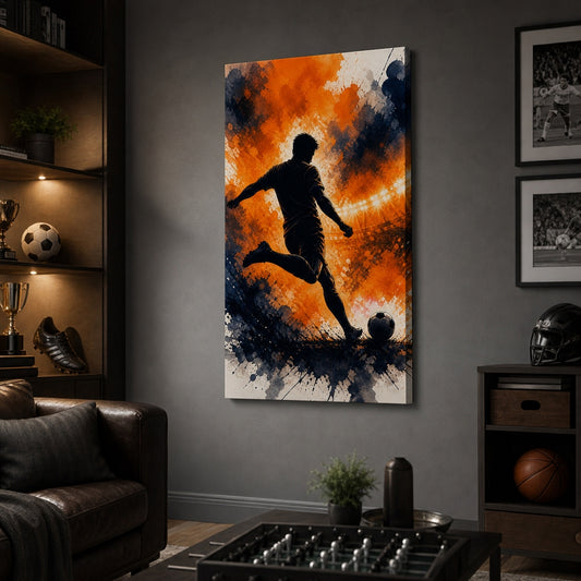Orange Free Kick Silhouette Soccer Canvas Wall Art wall scene mockup