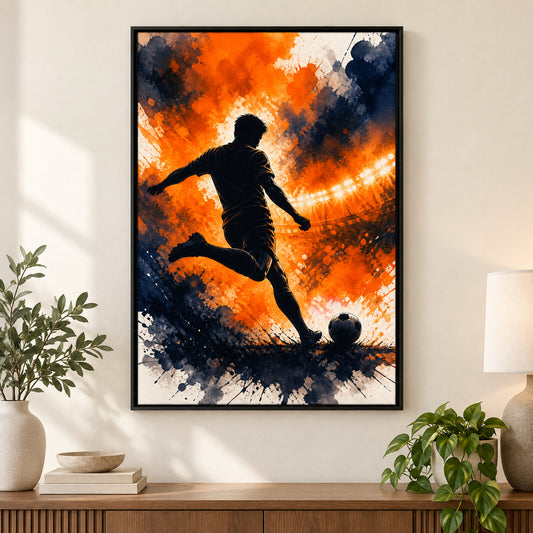 Orange Free Kick Silhouette Soccer Canvas Wall Art | black_independent_close