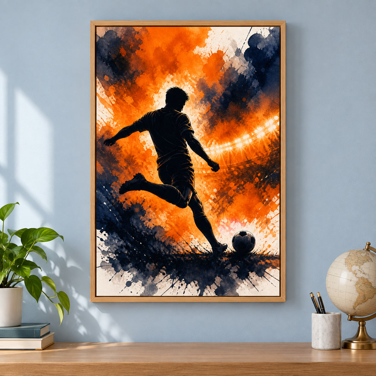 Orange Free Kick Silhouette Soccer Canvas Wall Art | brown_independent_close