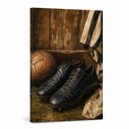 Retro Black Leather Soccer Boots Canvas Wall Art white background left side wrapped canvas main image