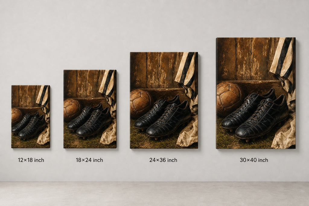 Retro Black Leather Soccer Boots Canvas Wall Art canvas size comparison