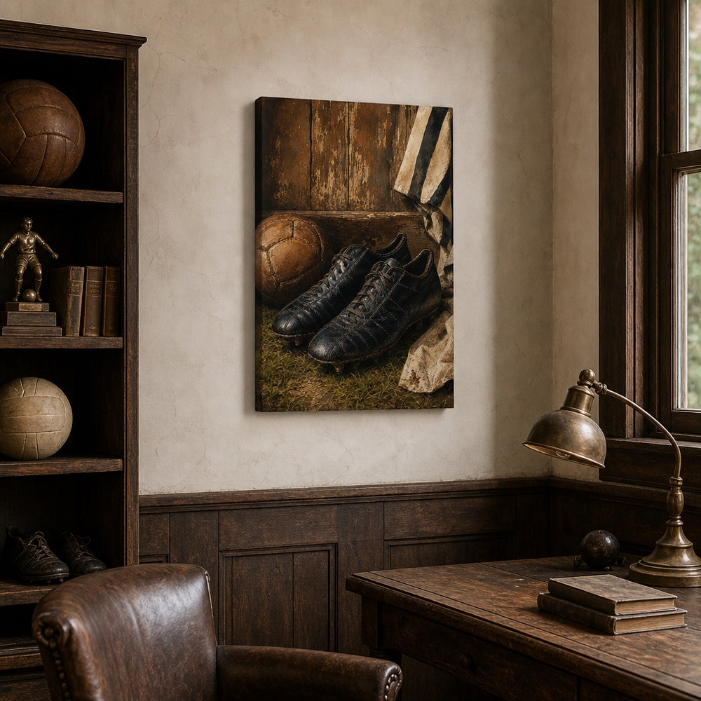 Retro Black Leather Soccer Boots Canvas Wall Art 18×24 inch wrapped canvas wall mockup