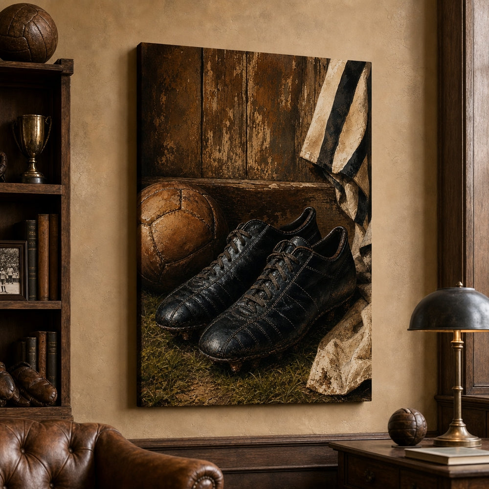 Retro Black Leather Soccer Boots Canvas Wall Art 24×36 inch wrapped canvas wall mockup