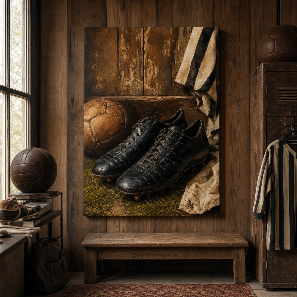 Retro Black Leather Soccer Boots Canvas Wall Art 30×40 inch wrapped canvas wall mockup
