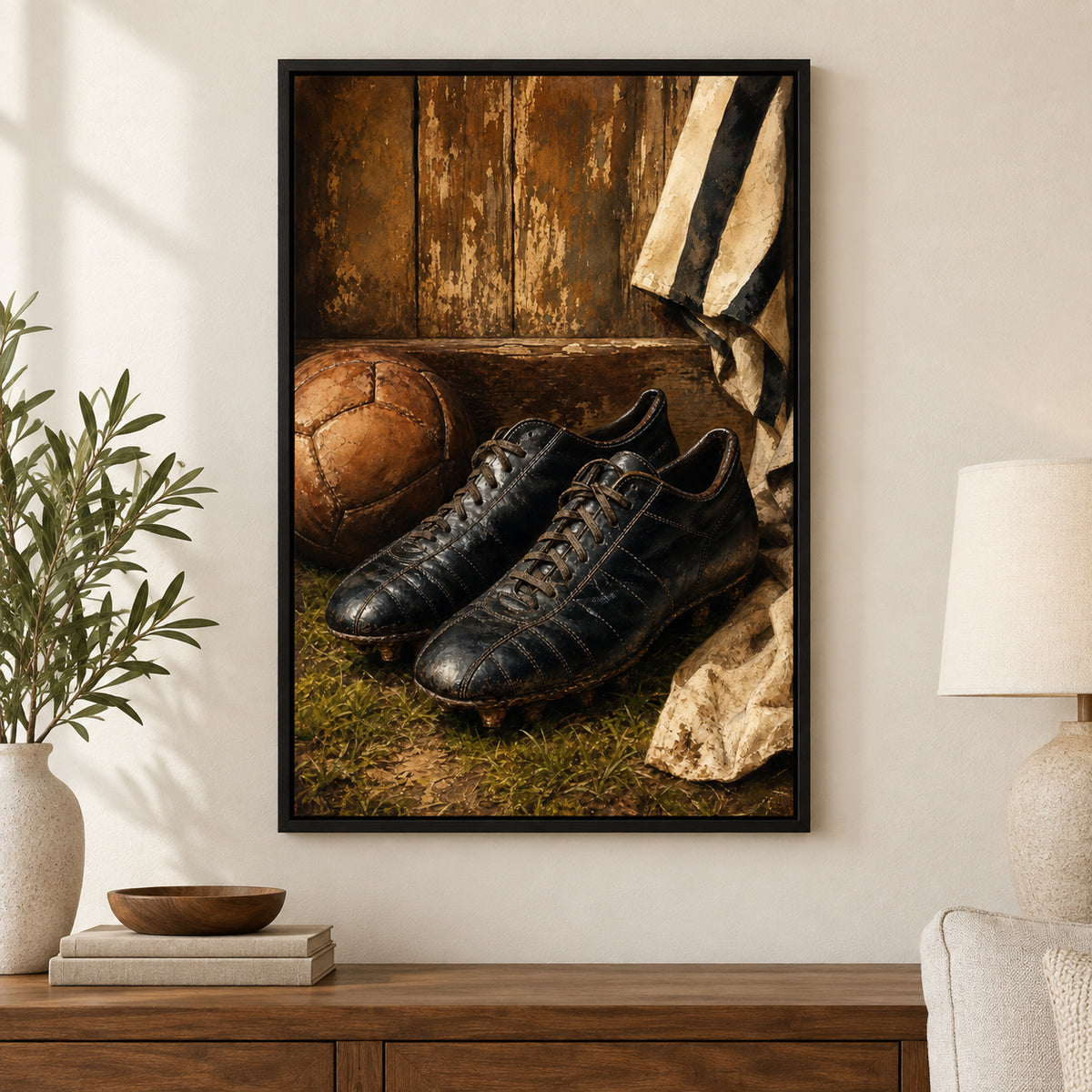 Retro Black Leather Soccer Boots Canvas Painting Wall Decor | black_independent_close