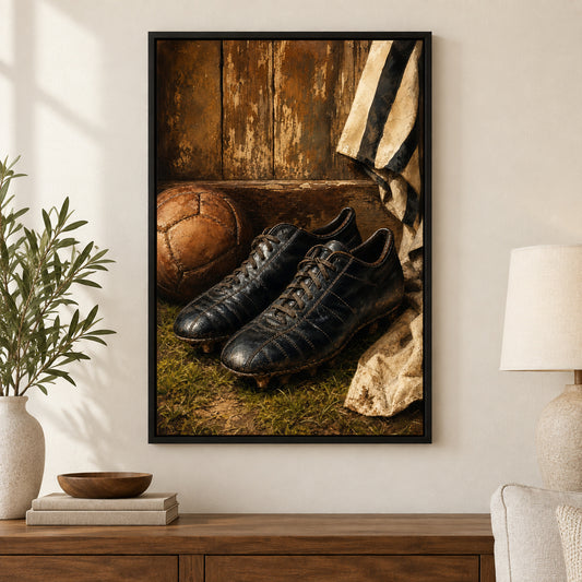 Retro Black Leather Soccer Boots Canvas Painting Wall Decor | black_independent_close
