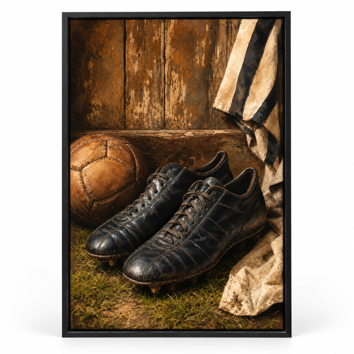 Retro Black Leather Soccer Boots Canvas Painting Wall Decor | black_sku