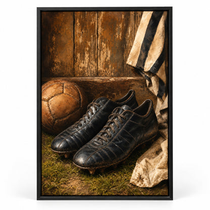 Retro Black Leather Soccer Boots Canvas Painting Wall Decor | black_sku