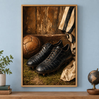 Retro Black Leather Soccer Boots Canvas Painting Wall Decor | brown_independent_close