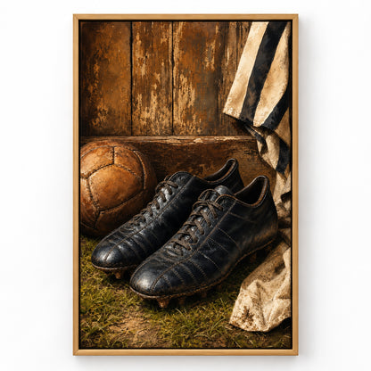 Retro Black Leather Soccer Boots Canvas Painting Wall Decor | brown_sku