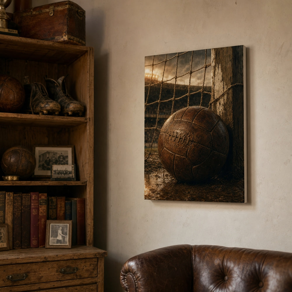 Vintage Leather Soccer Ball and Net Canvas Wall Art 12×18 inch thin wrapped canvas wall mockup