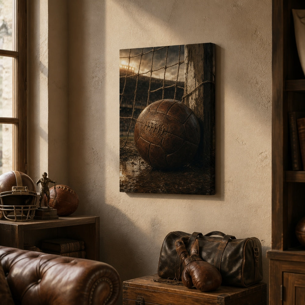 Vintage Leather Soccer Ball and Net Canvas Wall Art 18×24 inch wrapped canvas wall mockup