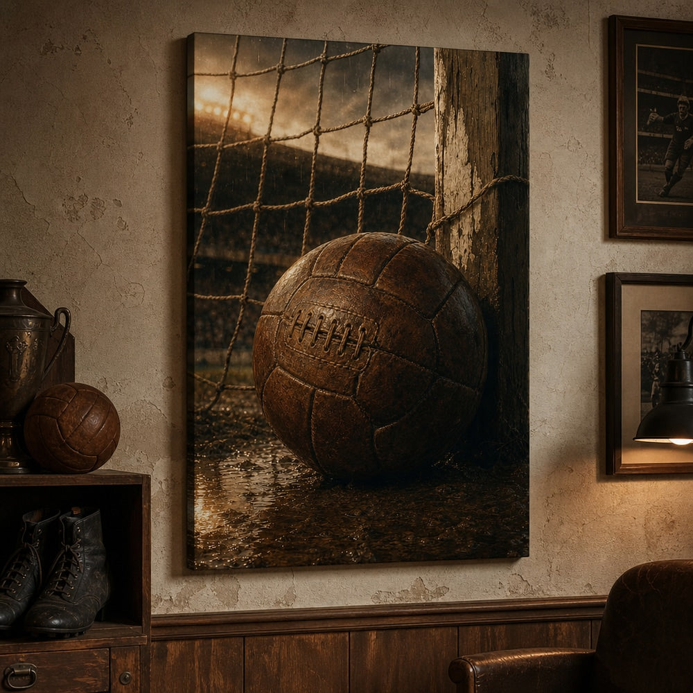 Vintage Leather Soccer Ball and Net Canvas Wall Art 24×36 inch wrapped canvas wall mockup