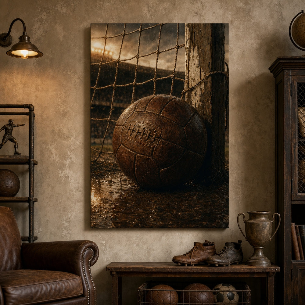 Vintage Leather Soccer Ball and Net Canvas Wall Art 30×40 inch wrapped canvas wall mockup