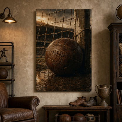 Vintage Leather Soccer Ball and Net Canvas Wall Art 30×40 inch wrapped canvas wall mockup