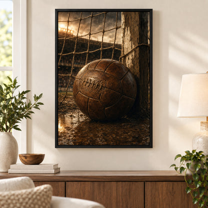 Vintage Leather Soccer Ball and Net Canvas Wall Art | black_independent_close