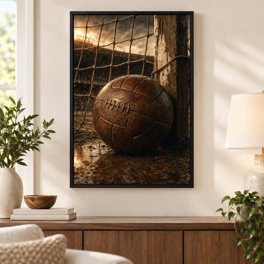 Vintage Leather Soccer Ball and Net Canvas Wall Art | black_independent_close