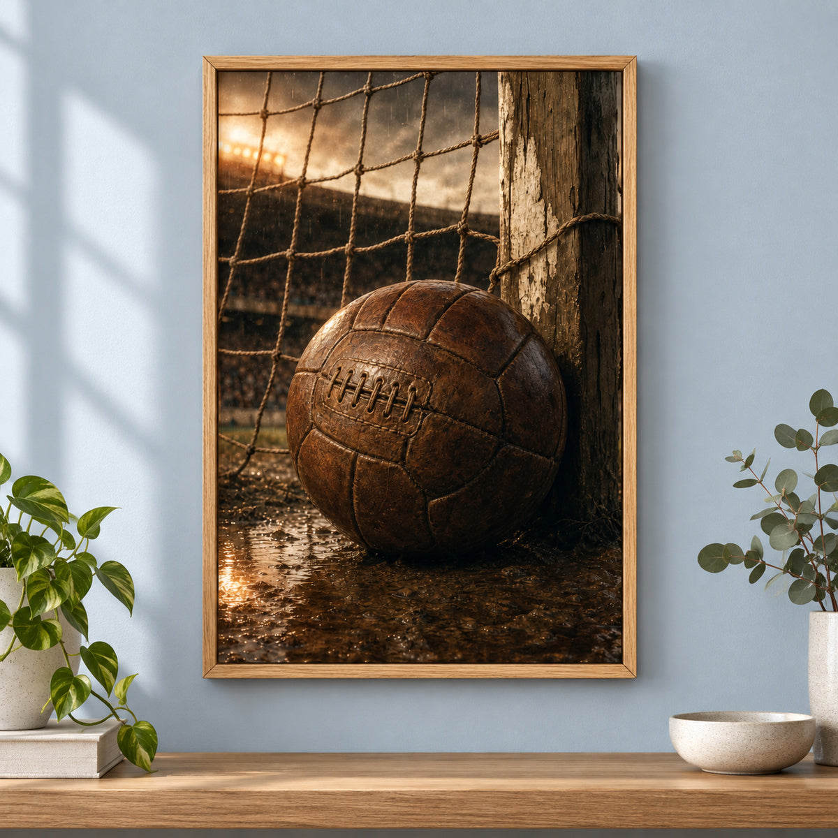 Vintage Leather Soccer Ball and Net Canvas Wall Art | brown_independent_close