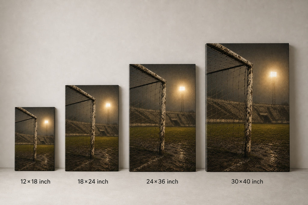 Old Goalpost Rain Soccer Canvas Wall Art canvas size comparison