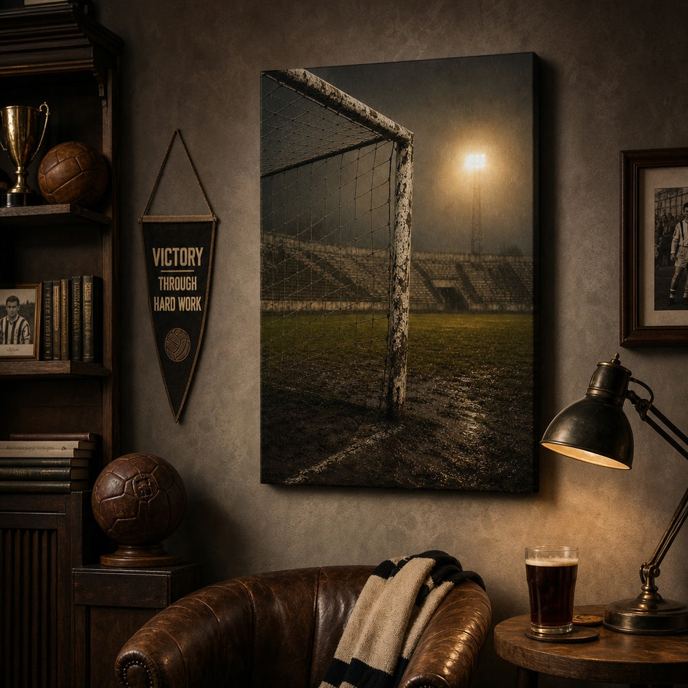 Old Goalpost Rain Soccer Canvas Wall Art wall scene mockup