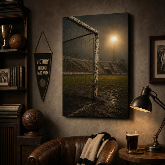 Old Goalpost Rain Soccer Canvas Wall Art wall scene mockup