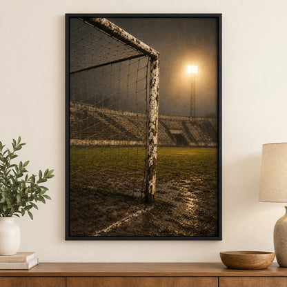 Old Goalpost Rain Soccer Canvas Painting for Game Room Decor | black_independent_close