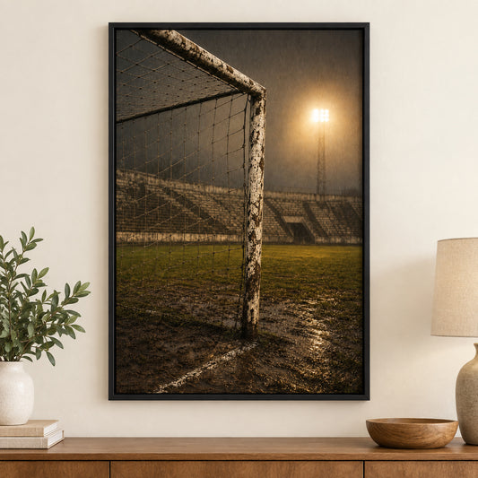 Old Goalpost Rain Soccer Canvas Painting for Game Room Decor | black_independent_close